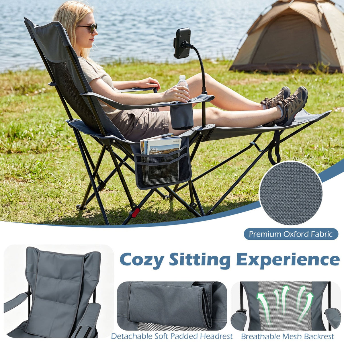 2-in-1 Reclining Camping Chair with 3-Level Adjustable Backrest-Gray view 7