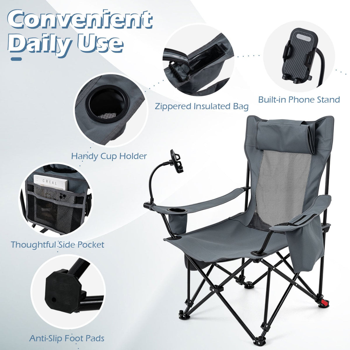 2-in-1 Reclining Camping Chair with 3-Level Adjustable Backrest-Gray view 8