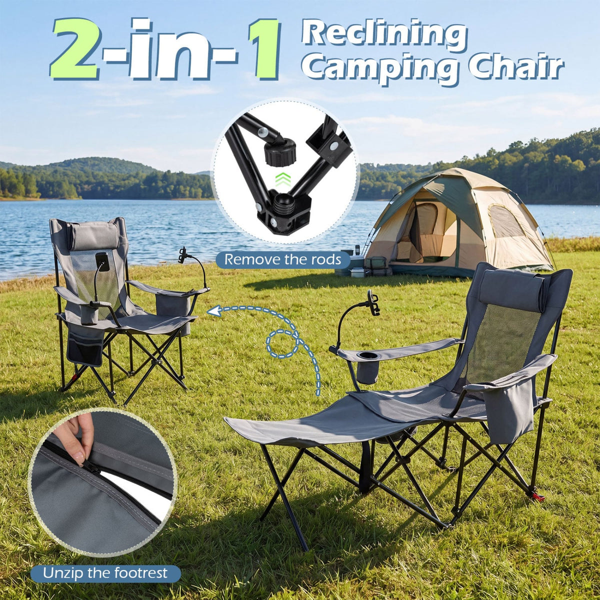 2-in-1 Reclining Camping Chair with 3-Level Adjustable Backrest-Gray view 9