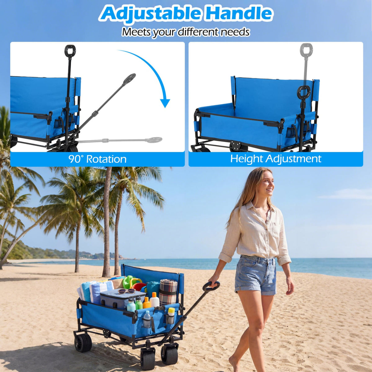 2-in-1 Wagon Bench Seat Combo Collapsible Beach Cart-Blue view 6