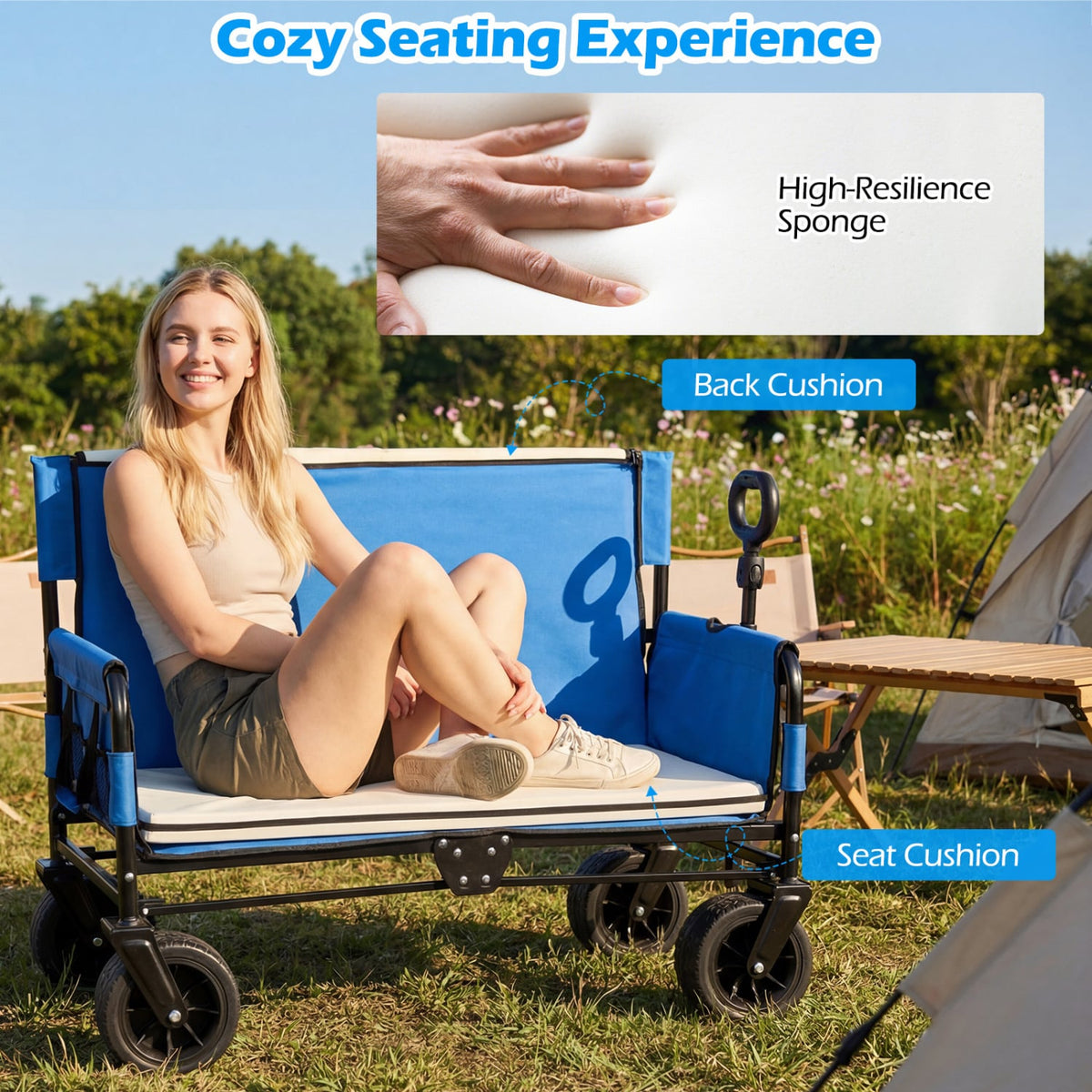 2-in-1 Wagon Bench Seat Combo Collapsible Beach Cart-Blue view 7