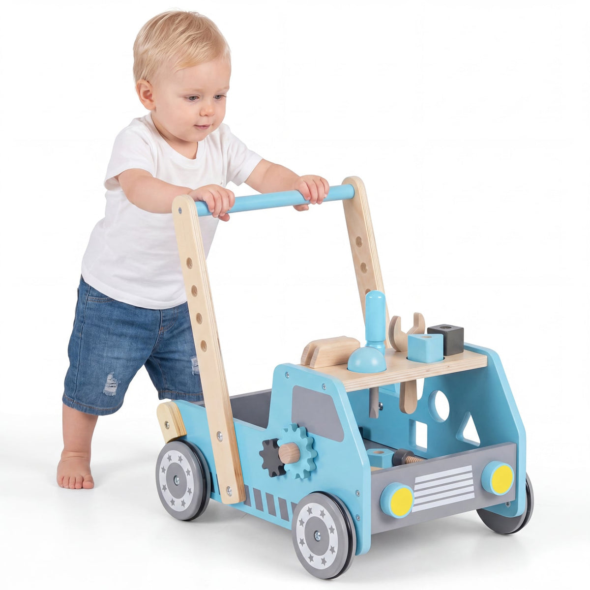 2-in-1 Wooden Baby Walker with Adjustable Speed and Bottom Storage-Blue view 4