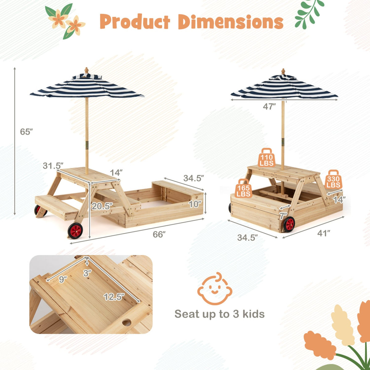 2-in-1 Wooden Sandbox with Foldable Umbrella and Convertible Picnic Table-Blue view 5