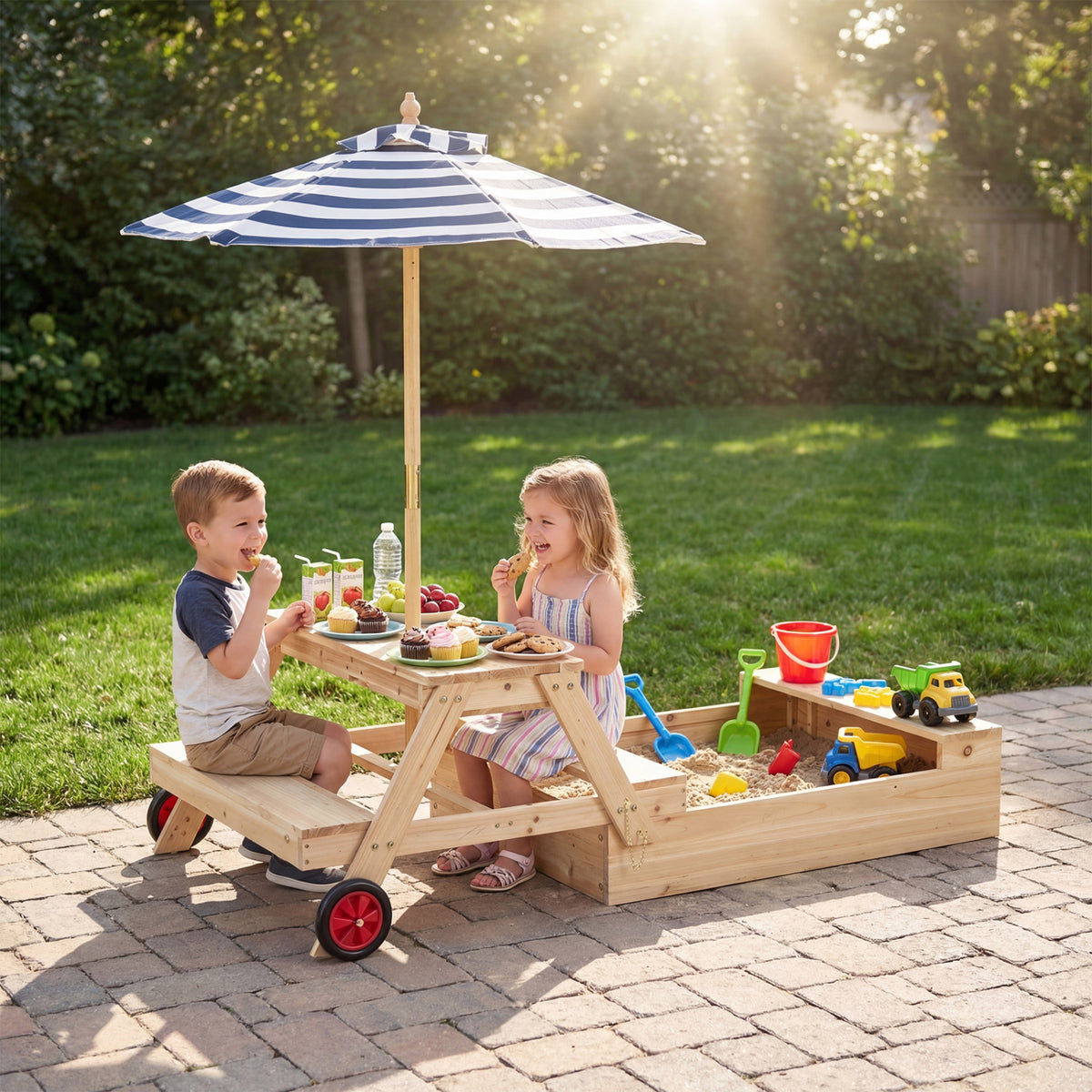 2-in-1 Wooden Sandbox with Foldable Umbrella and Convertible Picnic Table-Blue view 2