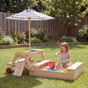 2-in-1 Wooden Sandbox with Foldable Umbrella and Convertible Picnic Table-Blue view 3