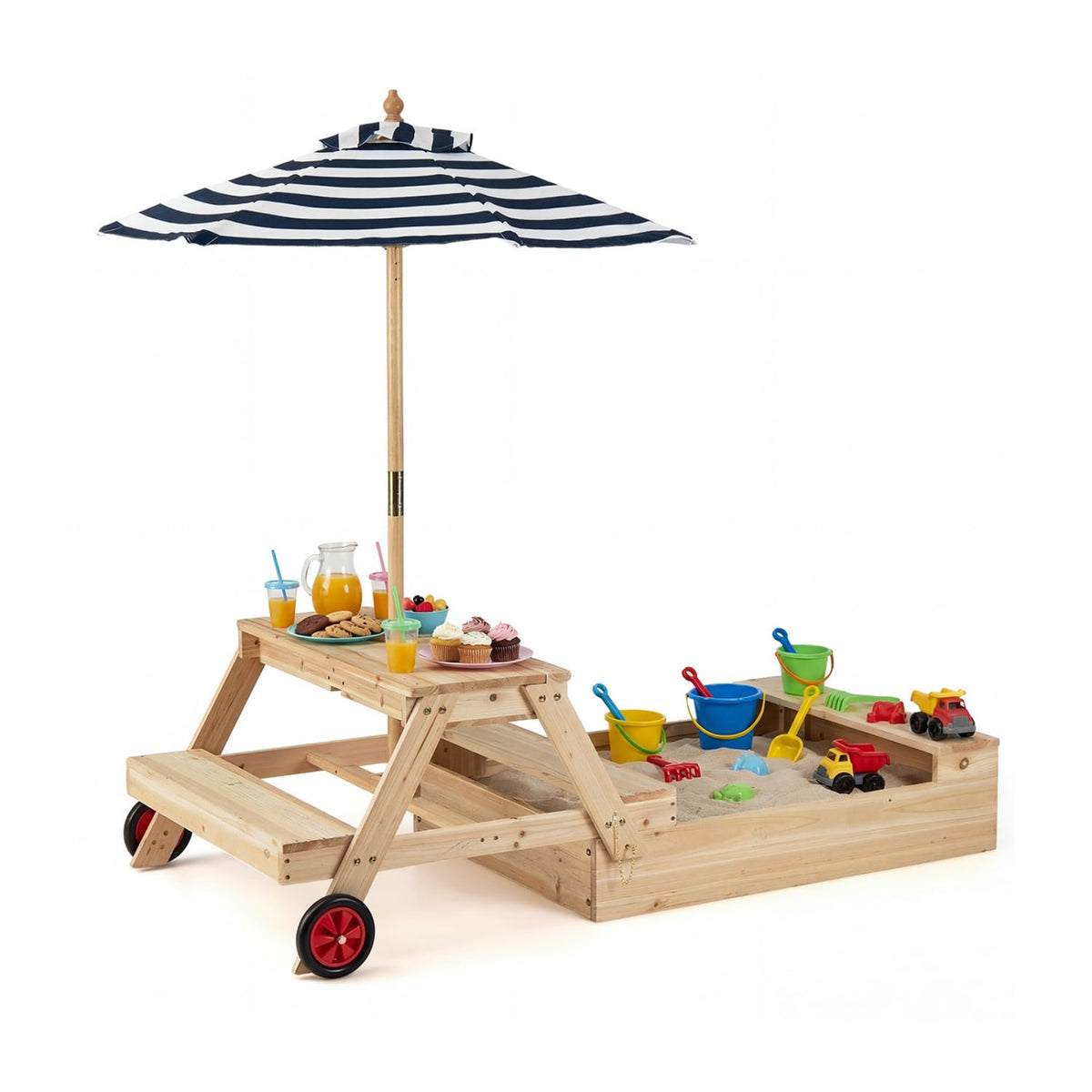 2-in-1 Wooden Sandbox with Foldable Umbrella and Convertible Picnic Table-Blue view 4