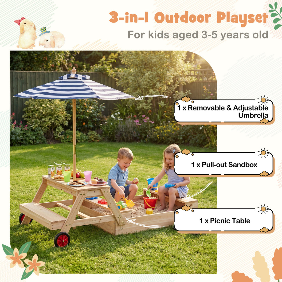 2-in-1 Wooden Sandbox with Foldable Umbrella and Convertible Picnic Table-Blue view 6