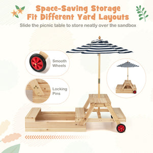 2-in-1 Wooden Sandbox with Foldable Umbrella and Convertible Picnic Table-Blue view 7