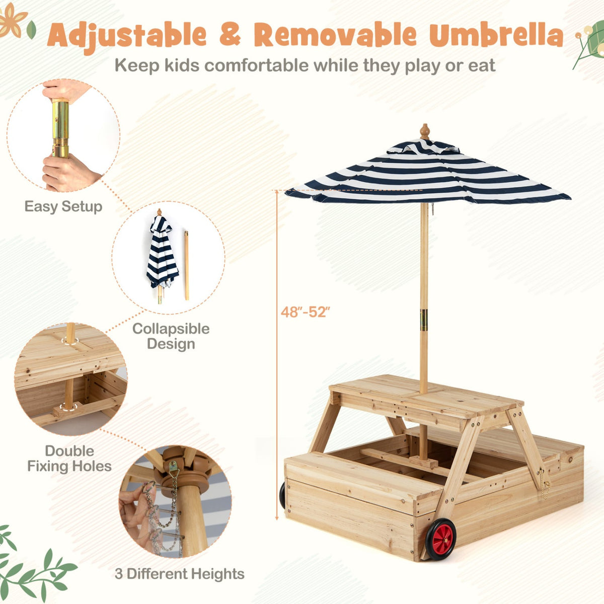 2-in-1 Wooden Sandbox with Foldable Umbrella and Convertible Picnic Table-Blue view 9