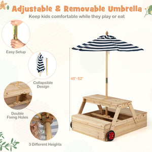 2-in-1 Wooden Sandbox with Foldable Umbrella and Convertible Picnic Table-Blue view 9