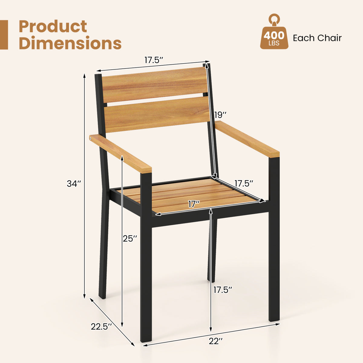 2 piece Outside Patio Dining Chair with Acacia Armrest for Backyard Garden view 4
