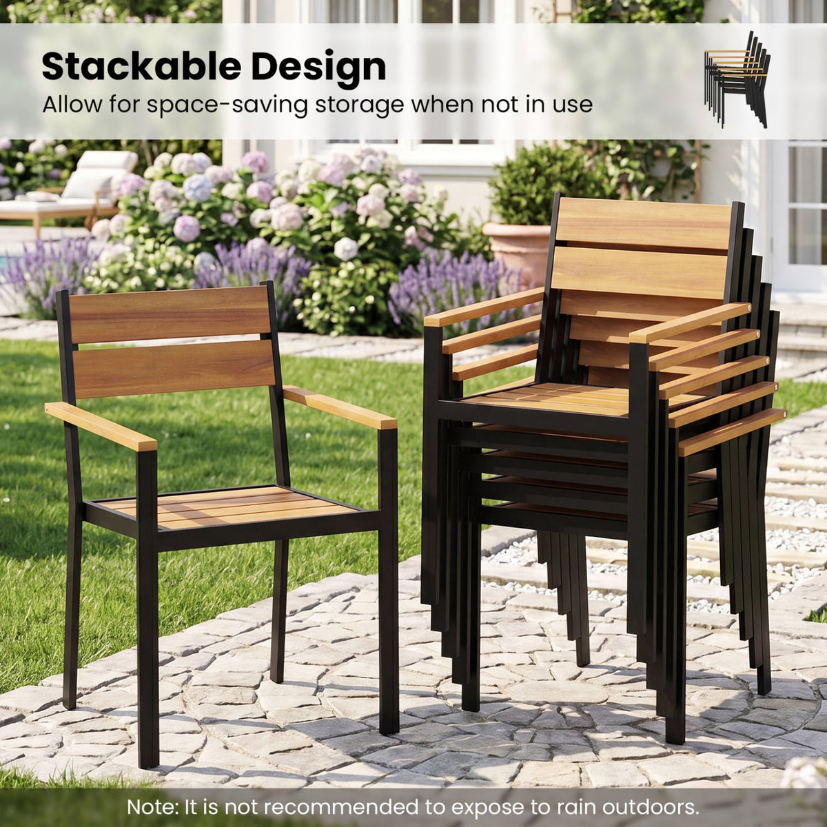 2 piece Outside Patio Dining Chair with Acacia Armrest for Backyard Garden view 5