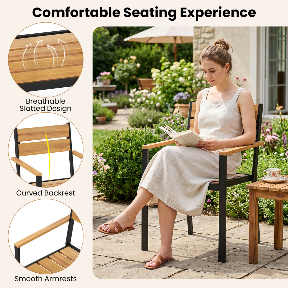 2 piece Outside Patio Dining Chair with Acacia Armrest for Backyard Garden view 7