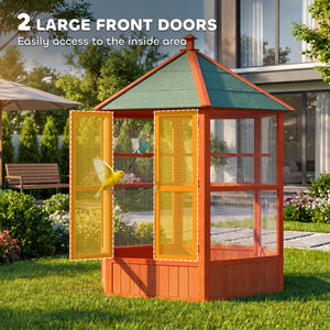 70"H Wooden Bird Cage Hexagonal Outdoor Aviary with Doors