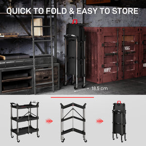 3-Tier Collapsible Tool Cart with Wheels, 150 LBS Capacity Folding Utility Cart with Handles for Garage Workshop, Black