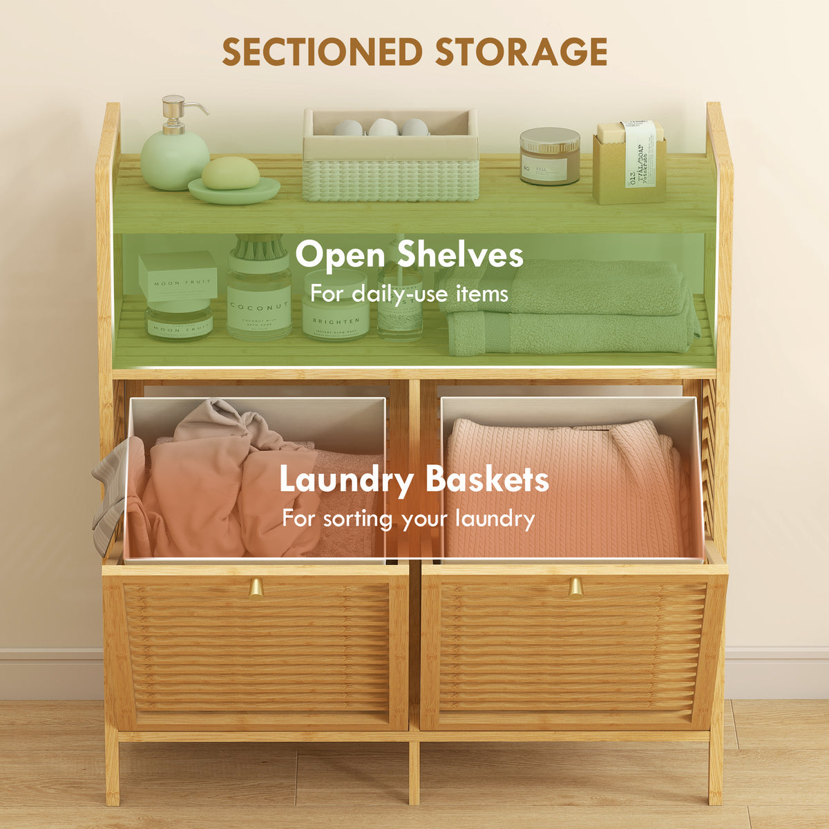 Tilt Out Laundry Hamper, Bamboo Laundry Cabinet with 2 Removable Baskets and 2-Tier Shelves for Laundry Room, Natural