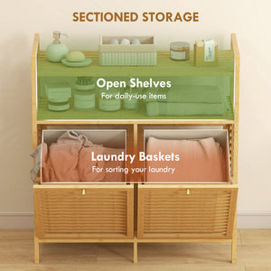 Tilt Out Laundry Hamper, Bamboo Laundry Cabinet with 2 Removable Baskets and 2-Tier Shelves for Laundry Room, Natural