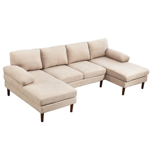 U Shape Couch with Double Chaise Lounge, Modern 4 Seater Sofa with Wooden Legs, Fabric Sofa for Living Room, Beige