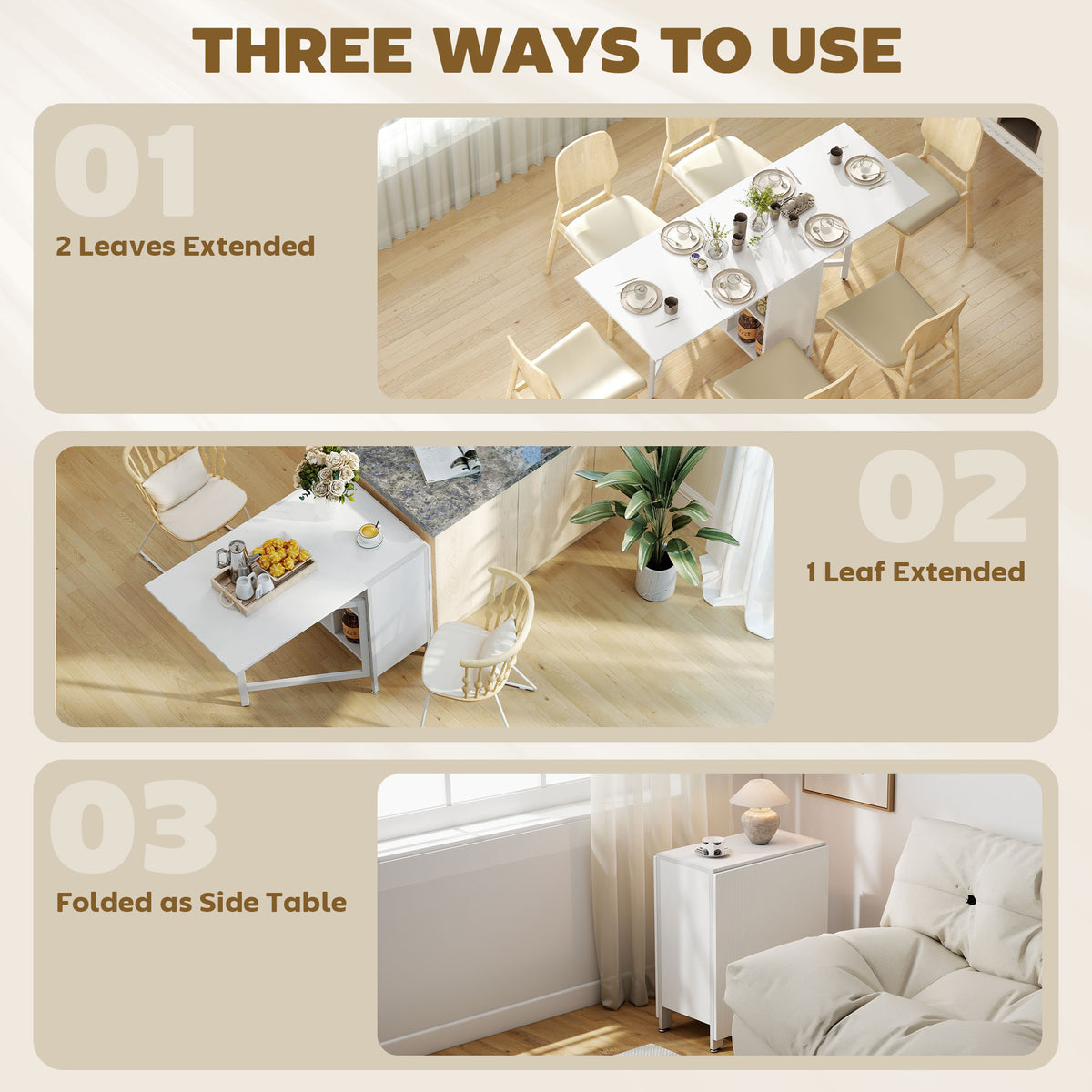 Multi-use Foldable Table with Hideaway Shelves, Drop Leaf Table for Kitchen, Dining, Study and Office, White