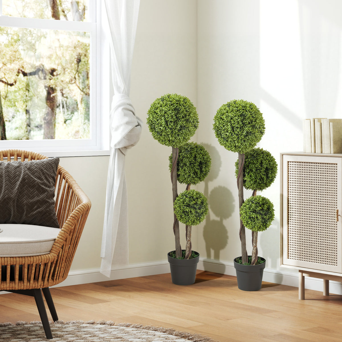 45 Inch Potted Fake Plant Set of 2, Artificial Boxwood Topiary Tree, Triple Ball Tree for Indoor and Outdoor, Green