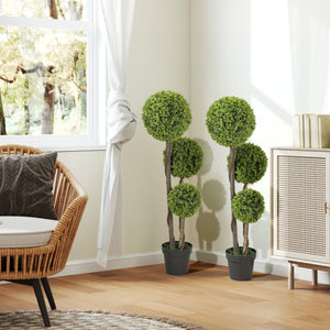 45 Inch Potted Fake Plant Set of 2, Artificial Boxwood Topiary Tree, Triple Ball Tree for Indoor and Outdoor, Green