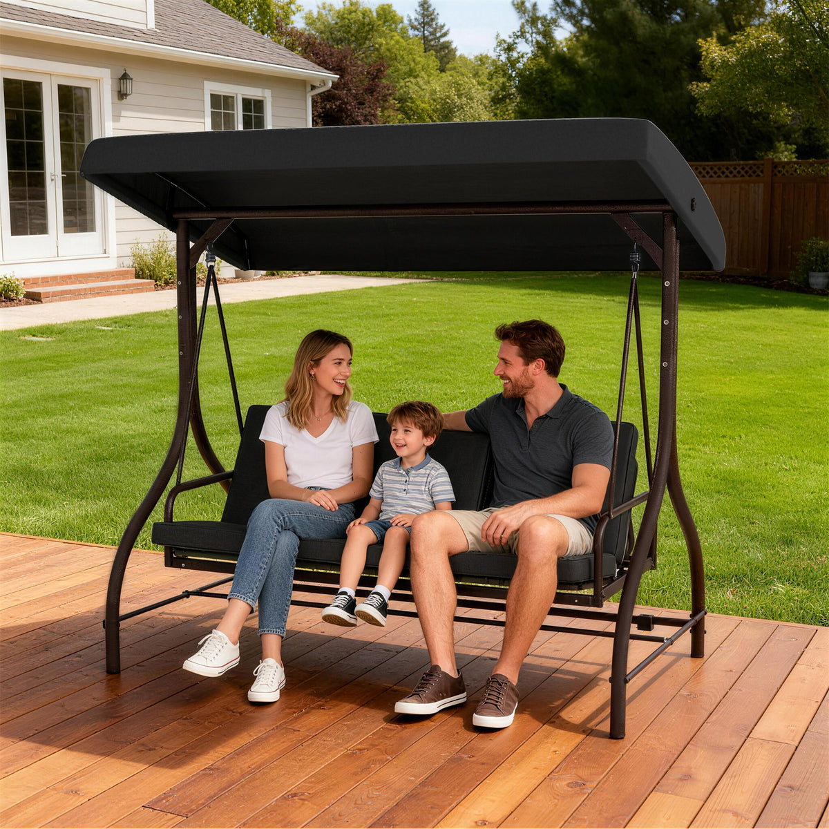 Convertible Patio Swing Bed with Canopy and Cushions, 3 Seater Porch Swing for Outdoor, Backyard, Garden – view 7