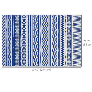 Reversible Outdoor Rug, Patio Floor Mat, 6'x9' Plastic Straw Rug for Backyard Deck, Beach, Camping, Dark Blue and White