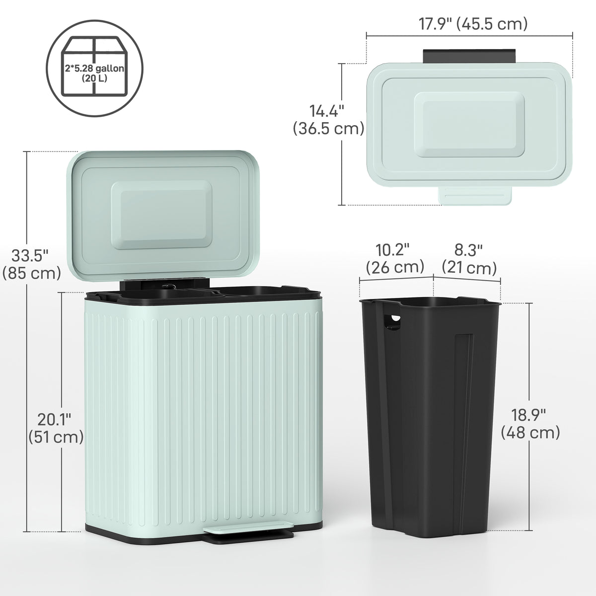 Trash Can, 2 x 5.3 Gallon (2 x 20 L) Garbage Can with Soft-Close Lid, Removable Inner Buckets for Kitchen Home Office