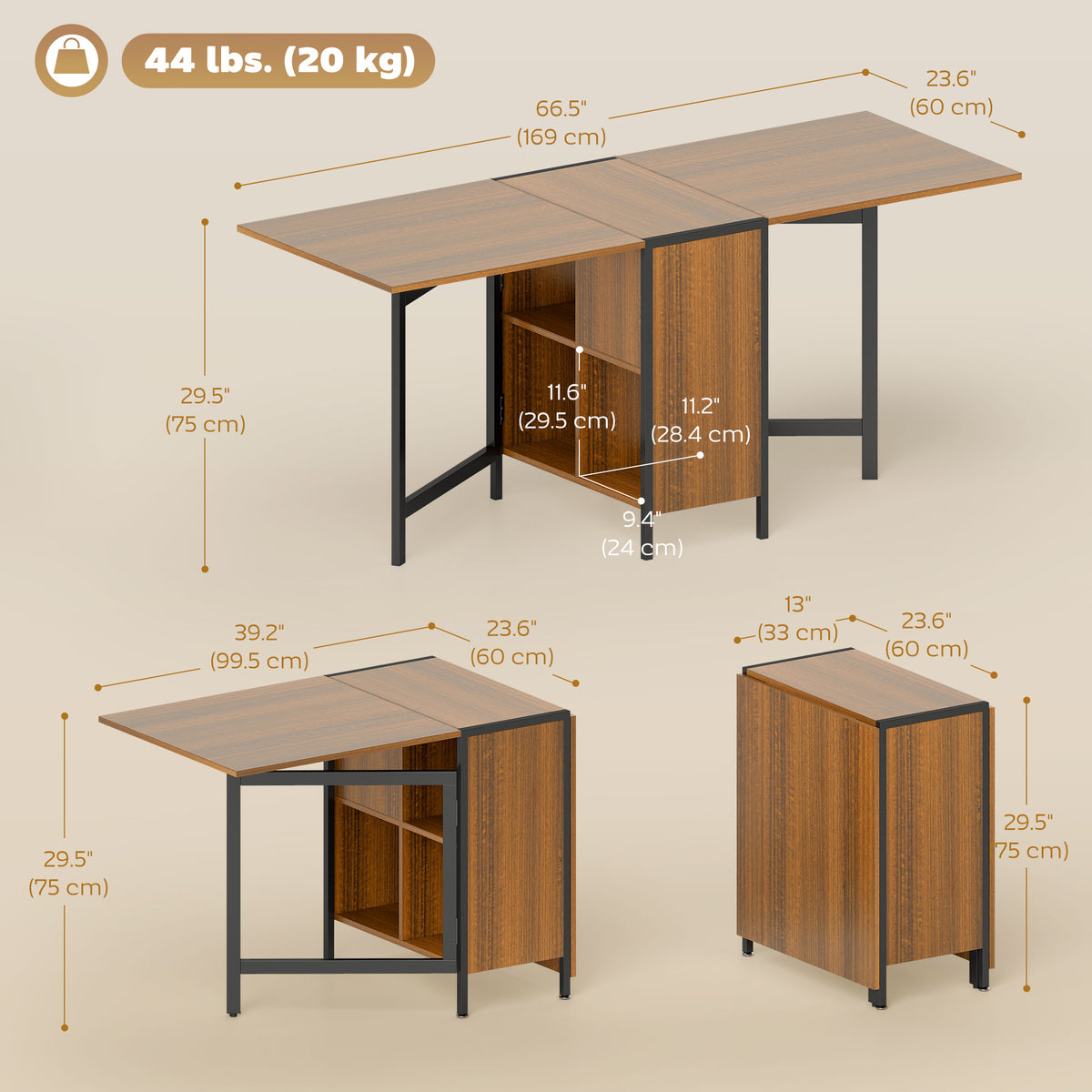 Multi-use Foldable Table with Hideaway Shelves, Drop Leaf Table for Kitchen, Dining, Study and Office, Brown