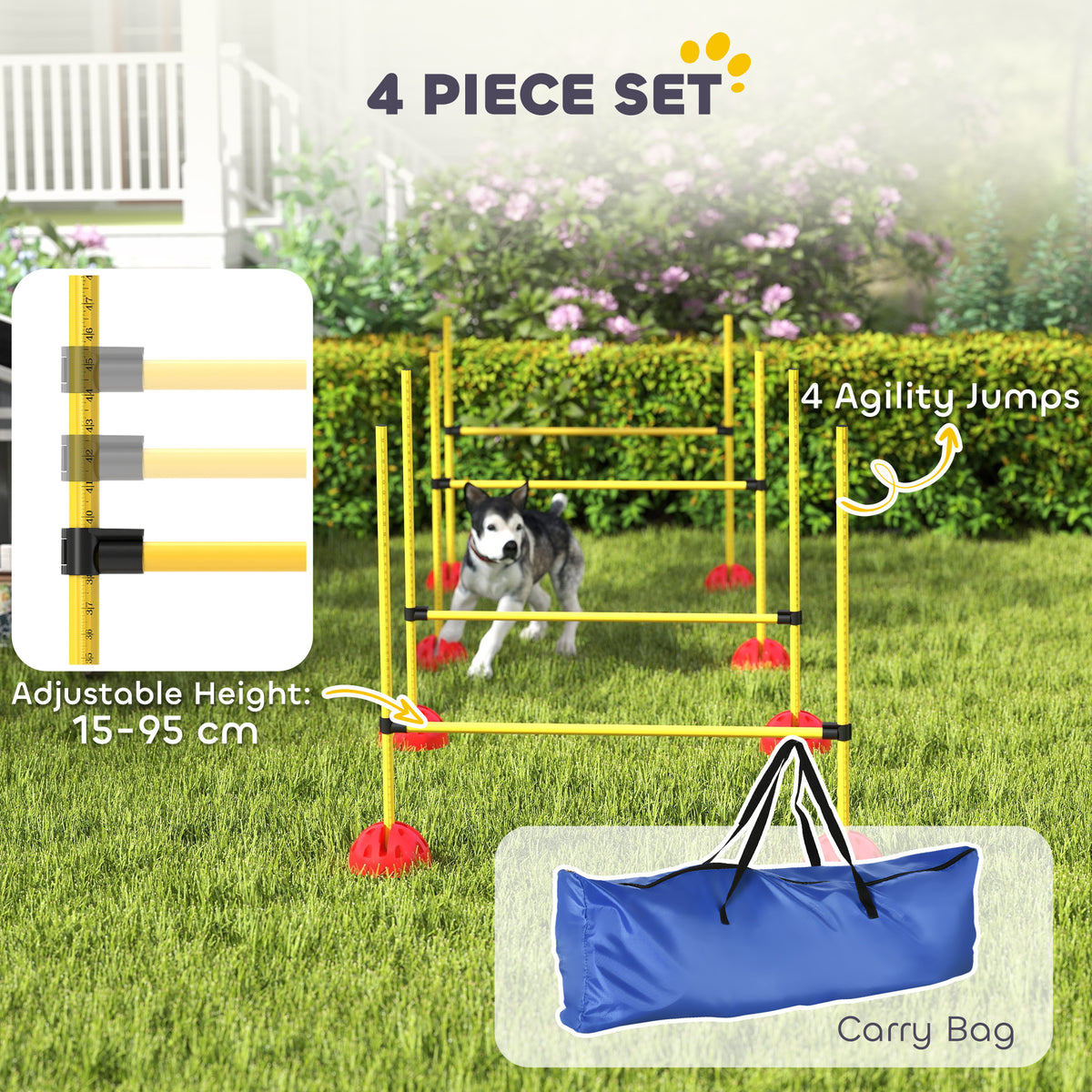 Dog Agility Training Equipment, 4 PCS Obstacle Course with Height Adjustable Jump Hurdle and Bag, Yellow