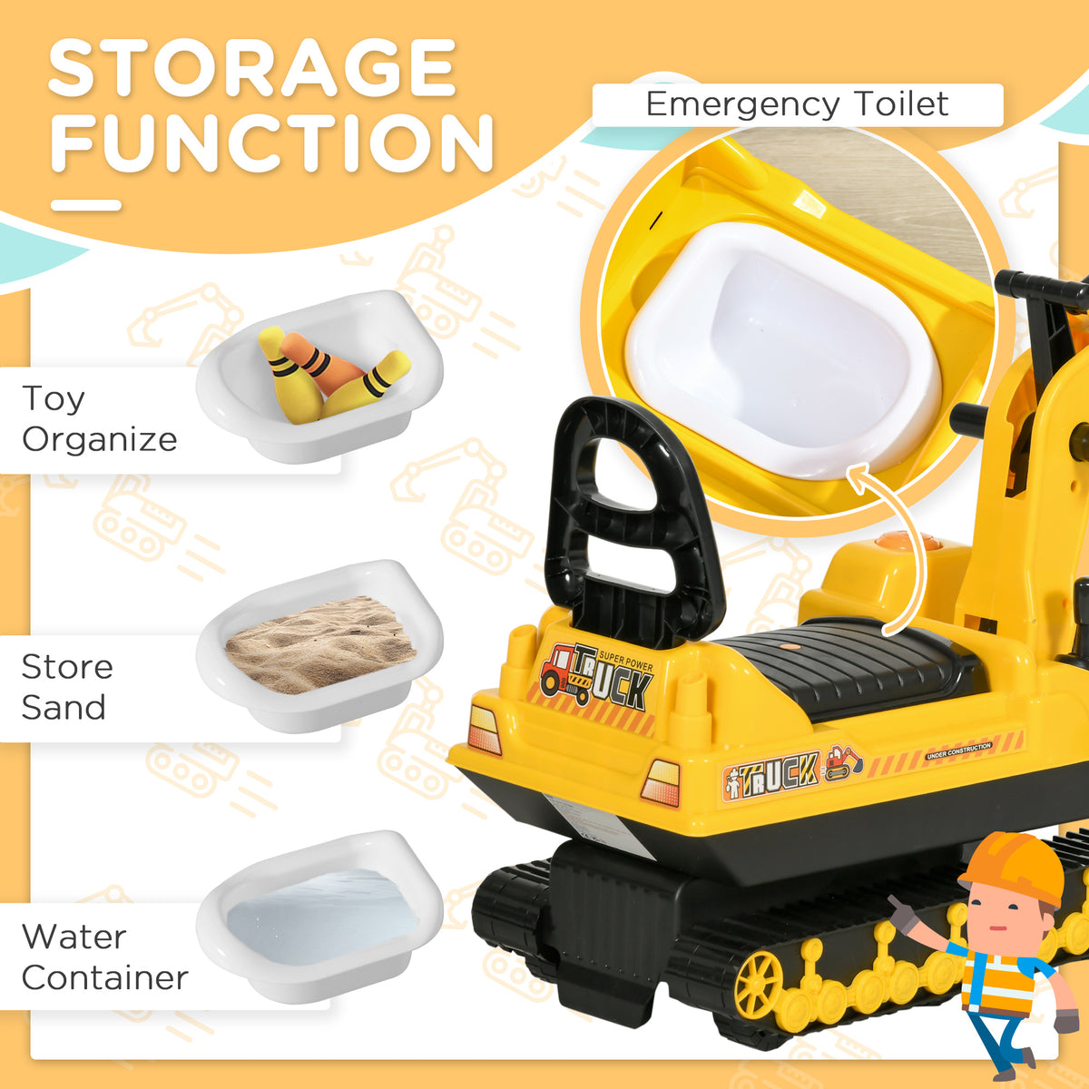 Qaba Kids Ride-on Excavator with Digger, Pretend Play Construction Truck with Under Seat Storage, Realistic Sound, Treaded Wheels, No Power Design