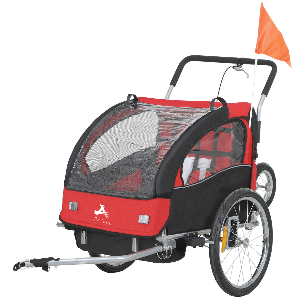 Aosom 2-in-1 Bike Trailer for Kids, Foldable 2-Seat Baby Stroller with 5-Point Harness, Rubber Wheels, Storage Bag