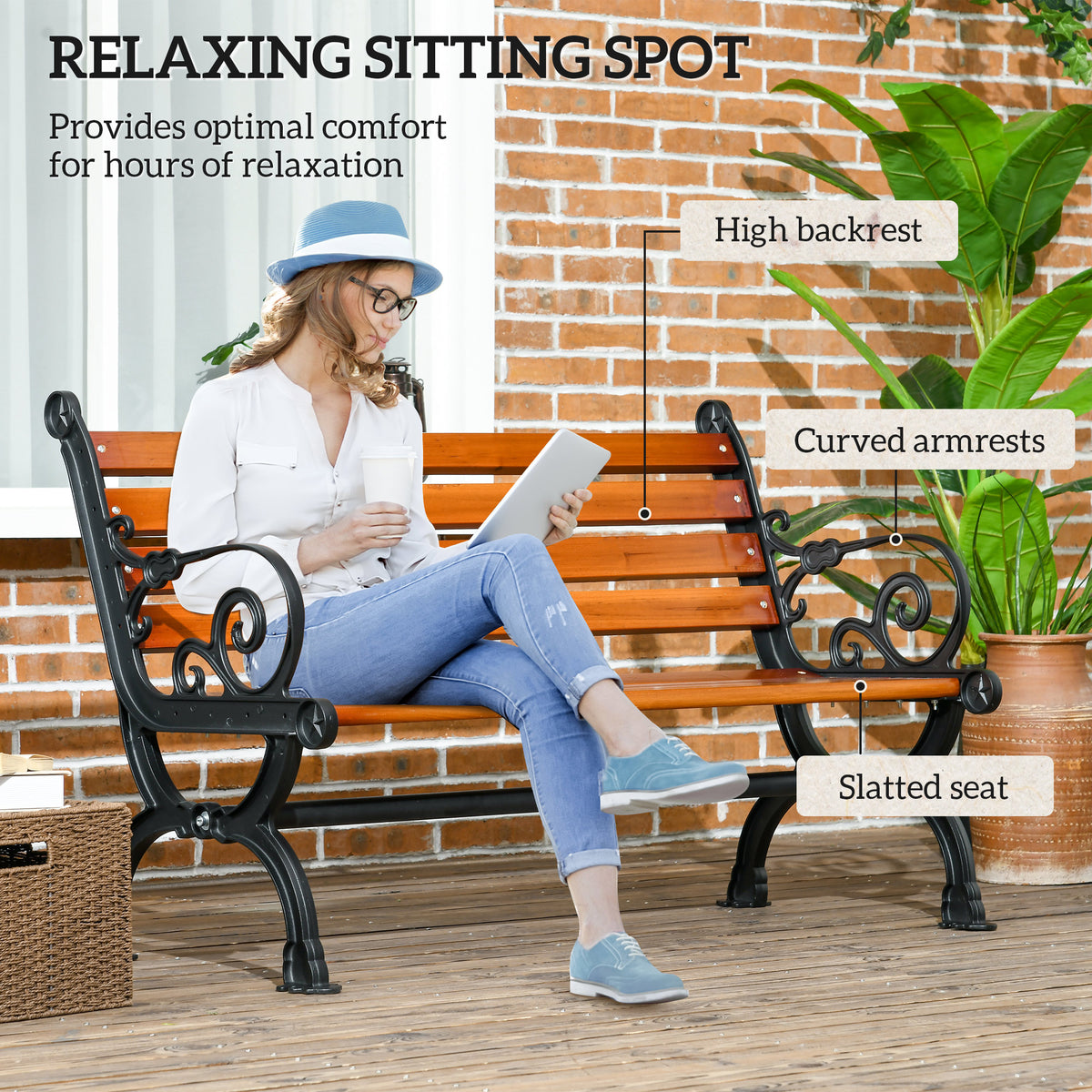 47 Inch Outdoor Garden Bench, Patio Loveseat with Unique Armrests, Slatted Seat Back, 528 lbs. Capacity, Teak Colour
