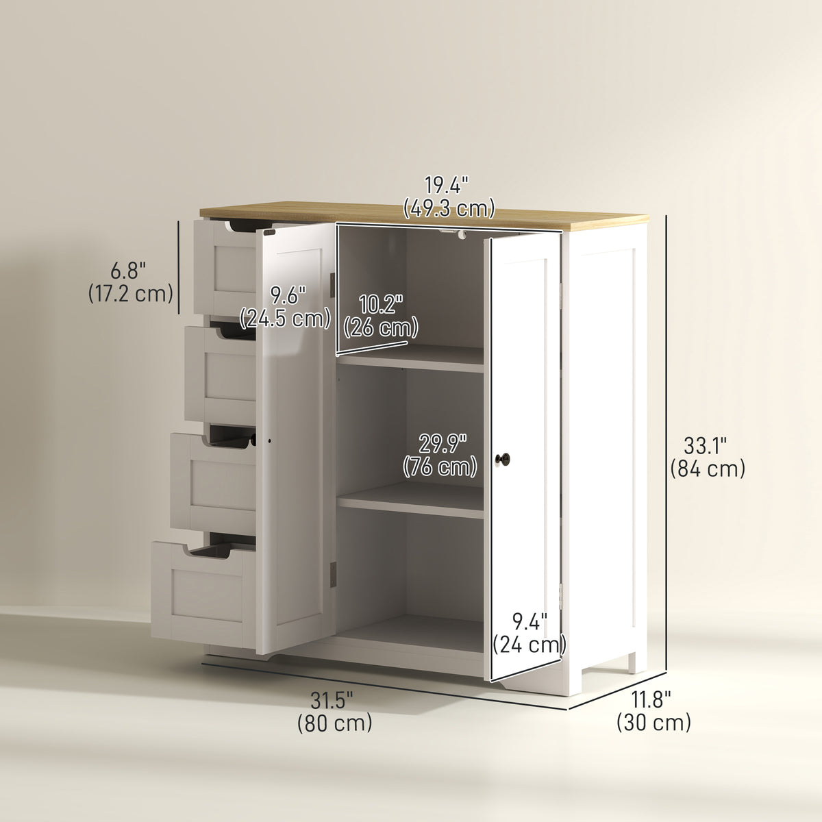 Freestanding Bathroom Floor Cabinet, Modern Bathroom Cabinet with Adjustable Shelf, 4 Drawers and 2 Doors, White