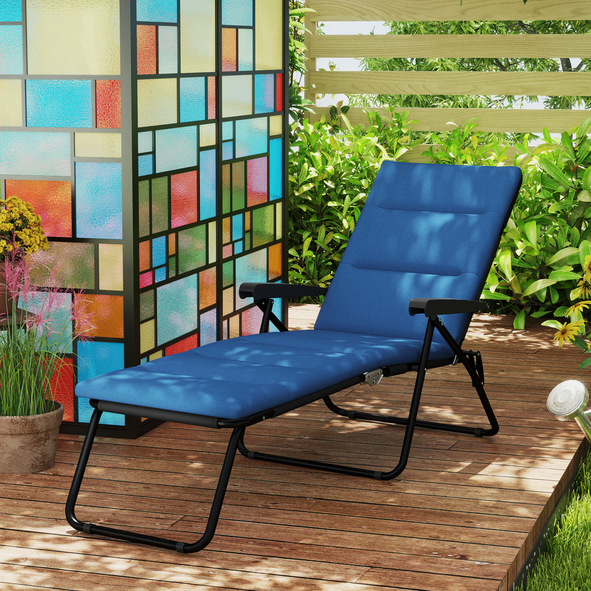 Foldable Lounge Chair, Reclining Patio Sun Lounger with 6-Position Adjustable Back, Blue and White