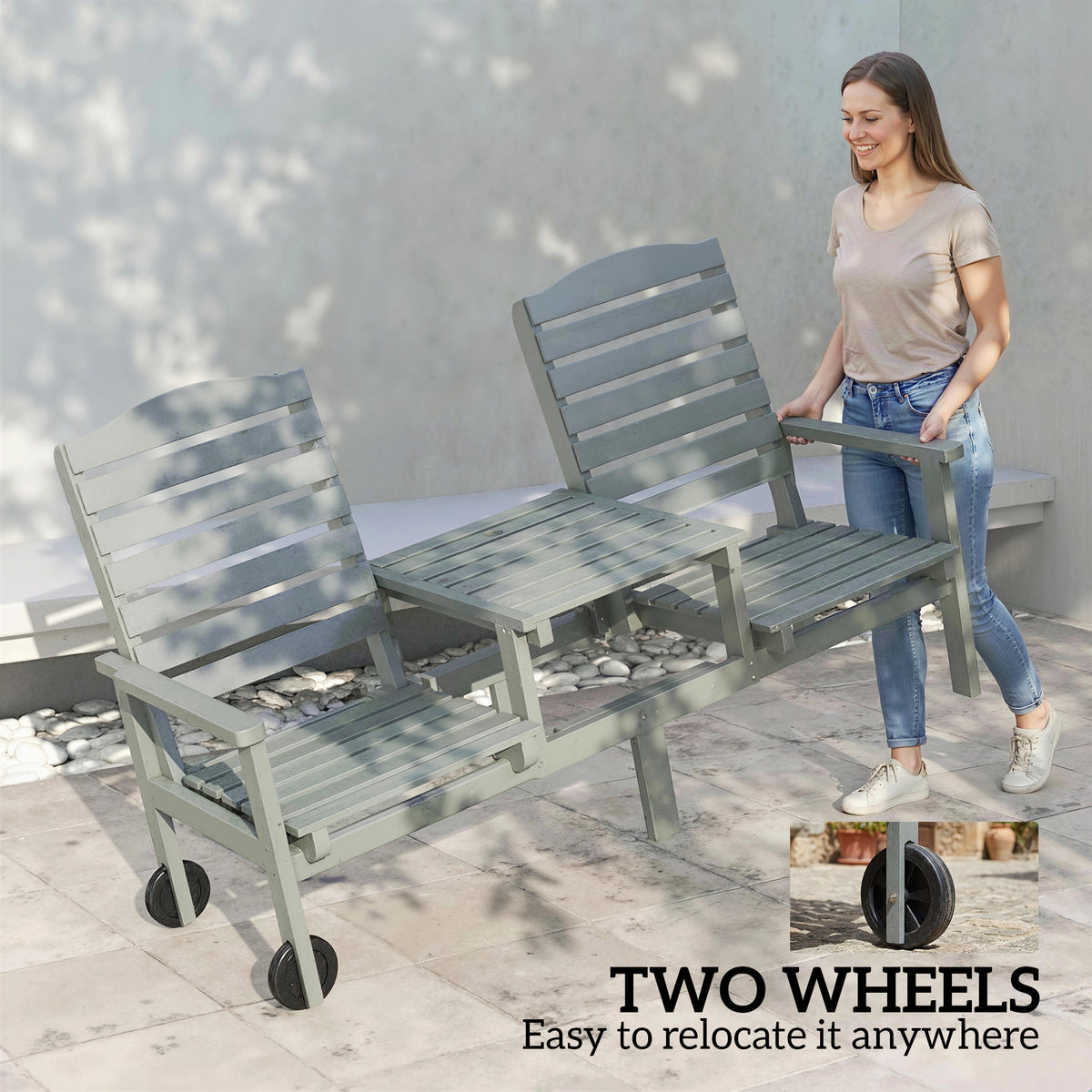 Outdoor Bench with Wheels and 3-Position Adjustable High Back, 2 Seater Outdoor Loveseat with Umbrella Hole, Grey