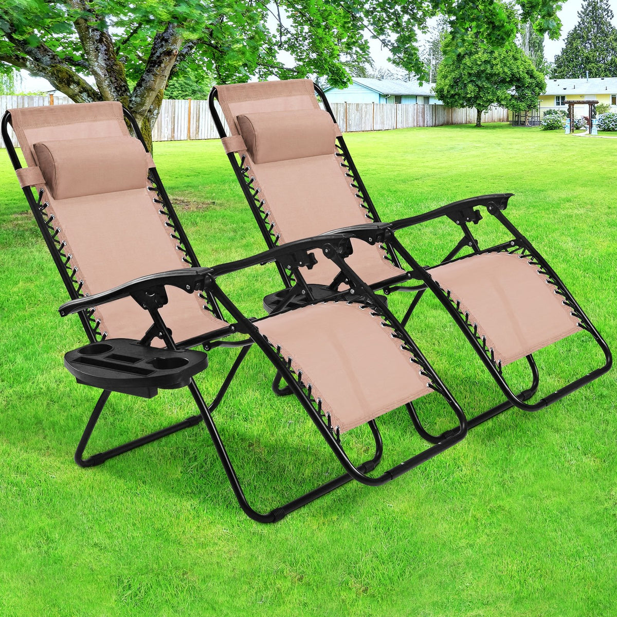 2 Pieces Folding Lounge Chair with Zero Gravity - Beige view 2