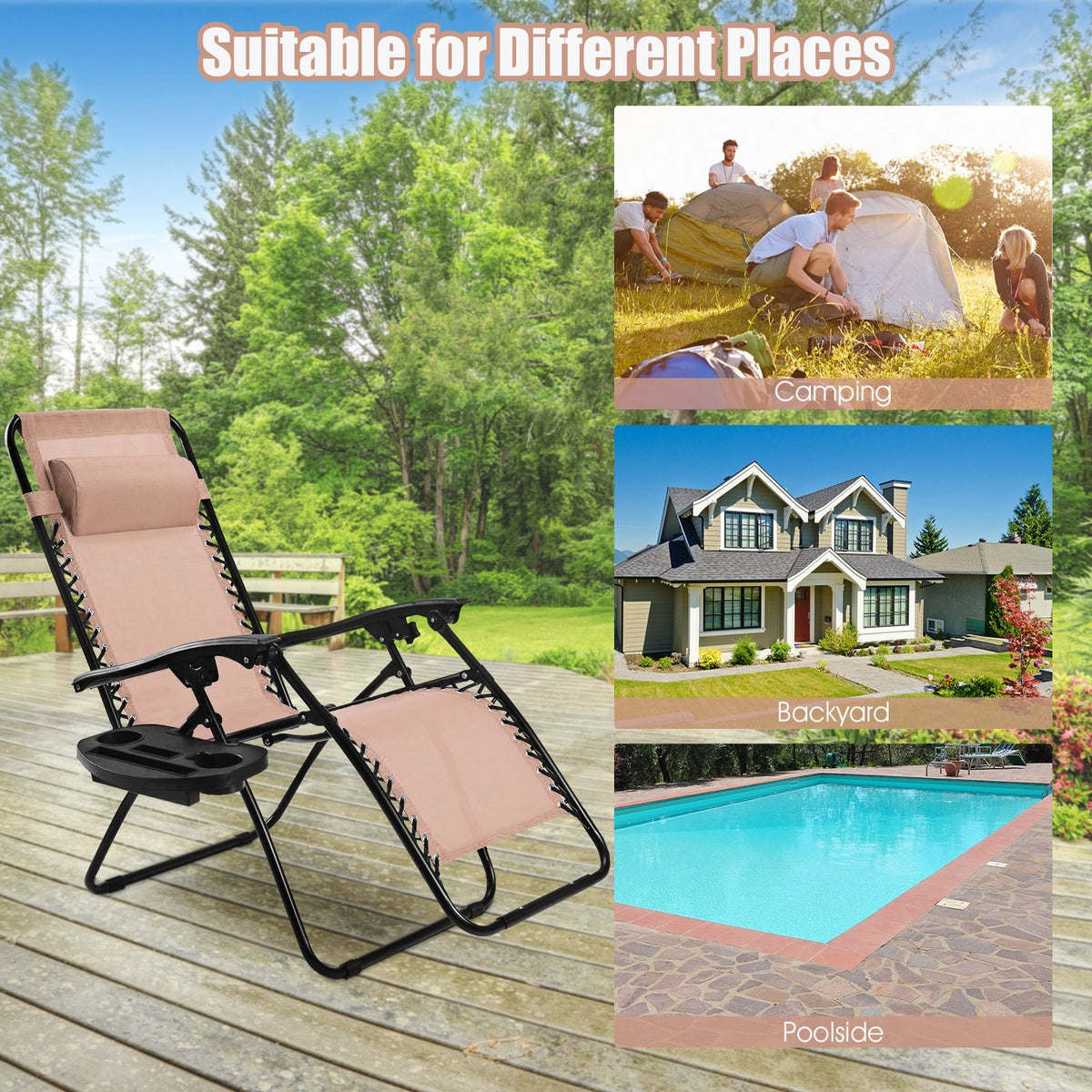 2 Pieces Folding Lounge Chair with Zero Gravity - Beige view 3