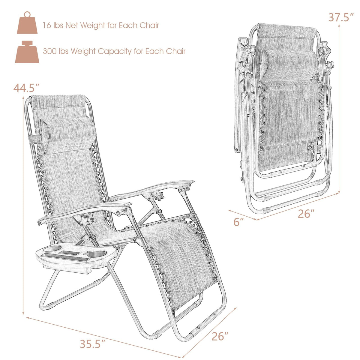 2 Pieces Folding Lounge Chair with Zero Gravity - Beige view 4