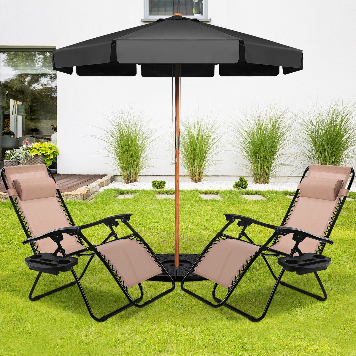 2 Pieces Folding Lounge Chair with Zero Gravity - Beige view 7