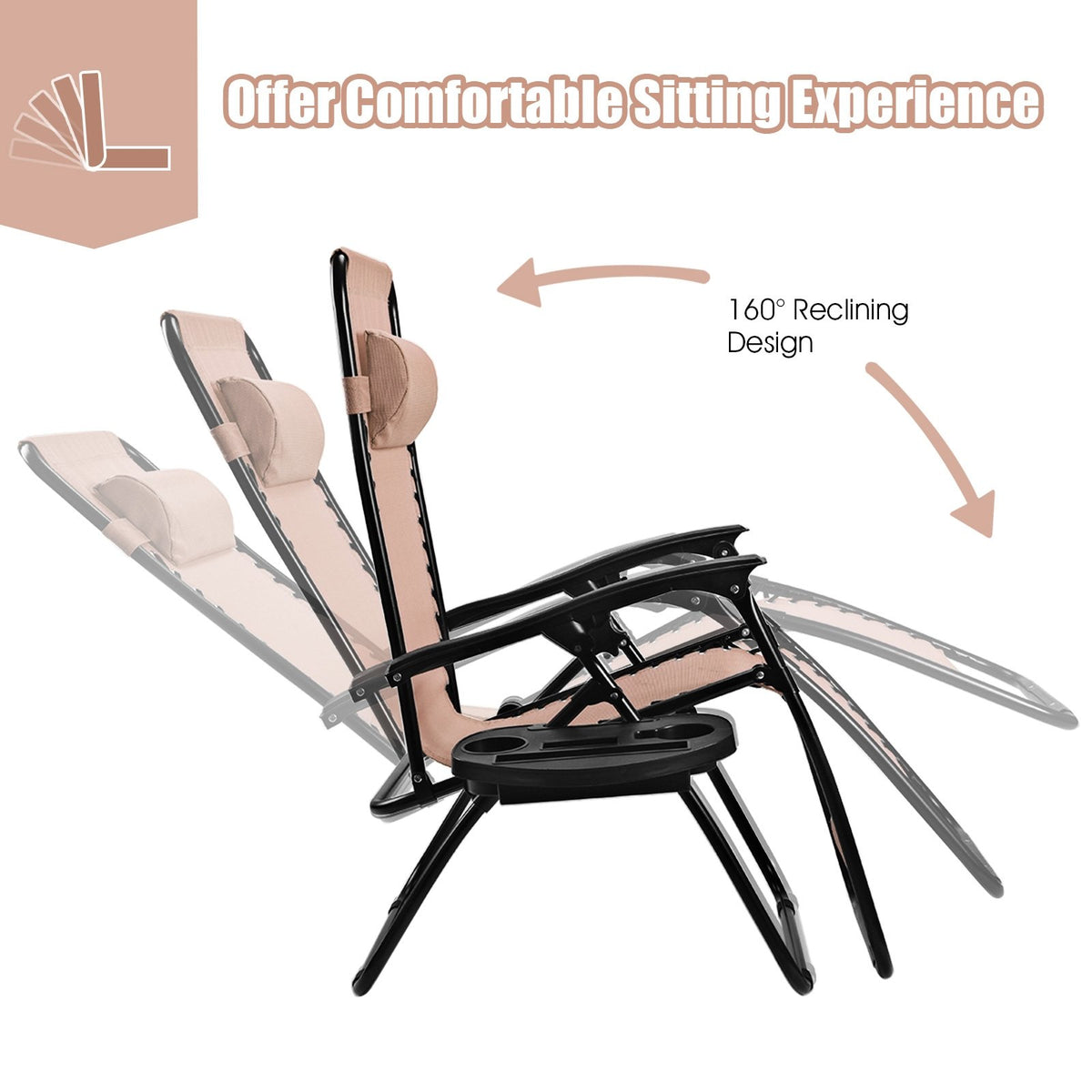 2 Pieces Folding Lounge Chair with Zero Gravity - Beige view 9