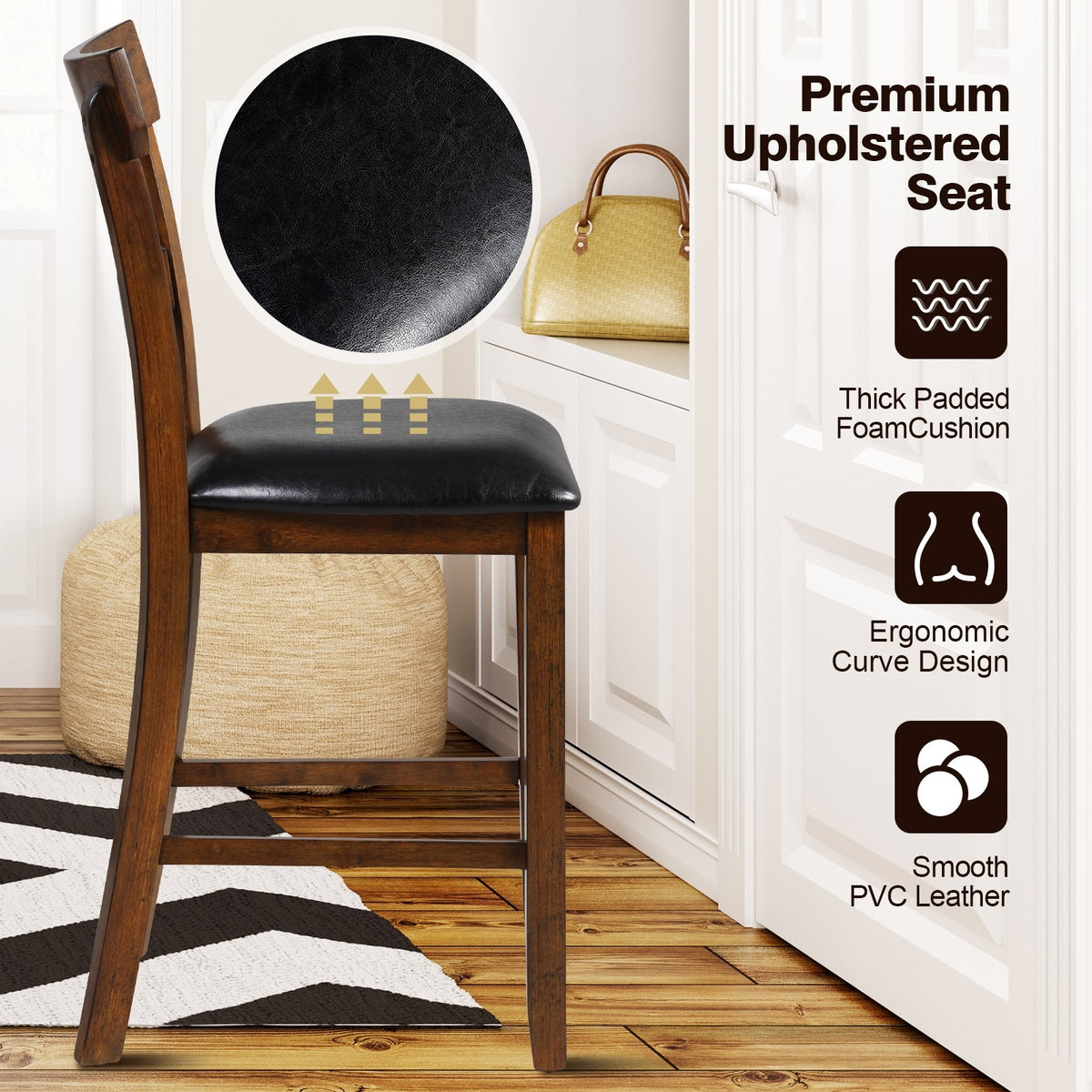 2 Pieces Counter Height Chair Set with Leather Seat and Rubber Wood Legs view 3