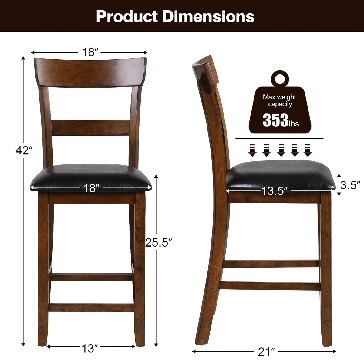 2 Pieces Counter Height Chair Set with Leather Seat and Rubber Wood Legs view 4