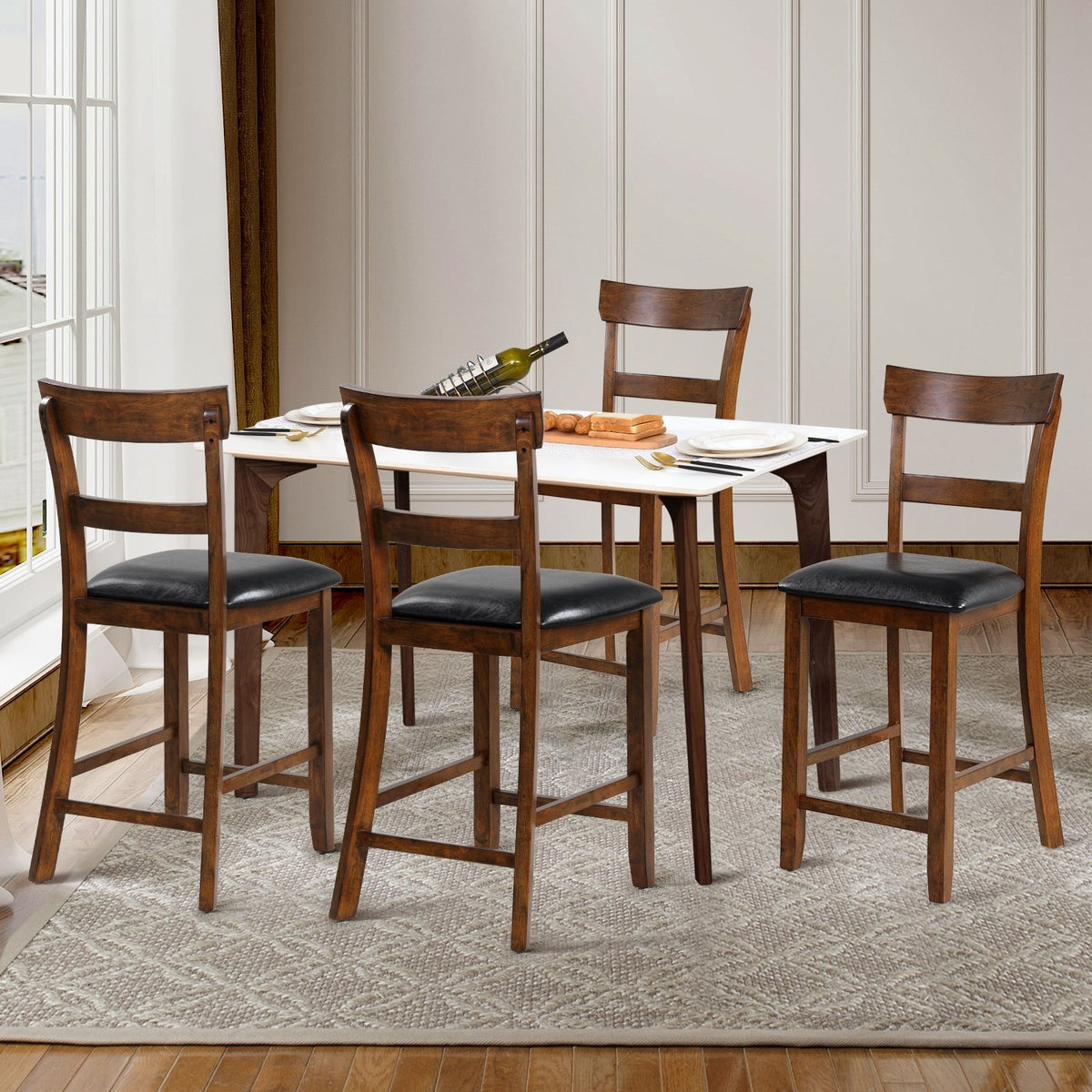 2 Pieces Counter Height Chair Set with Leather Seat and Rubber Wood Legs view 8