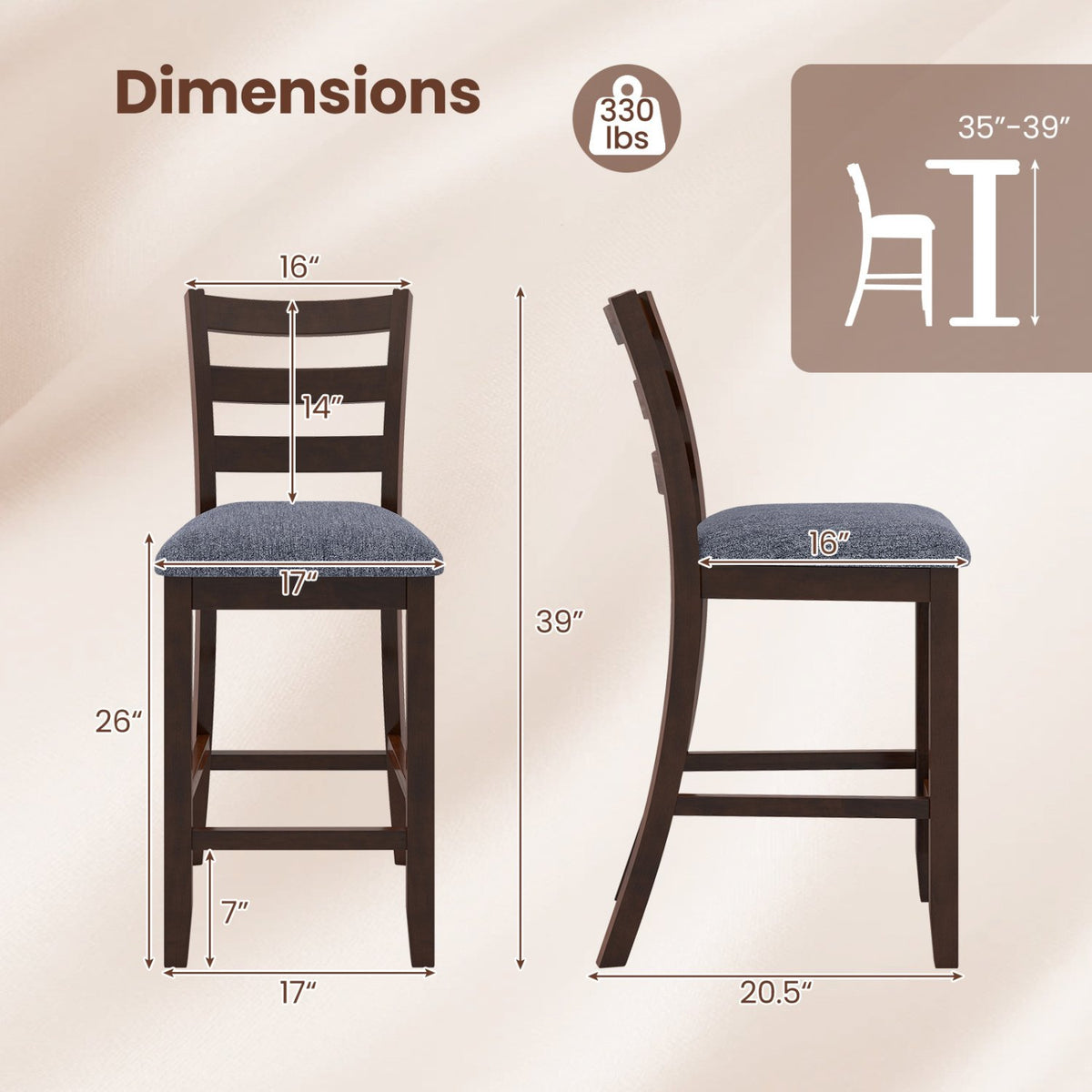 2 Pieces Counter Height Chairs with Fabric Seat and Rubber Wood Legs view 4