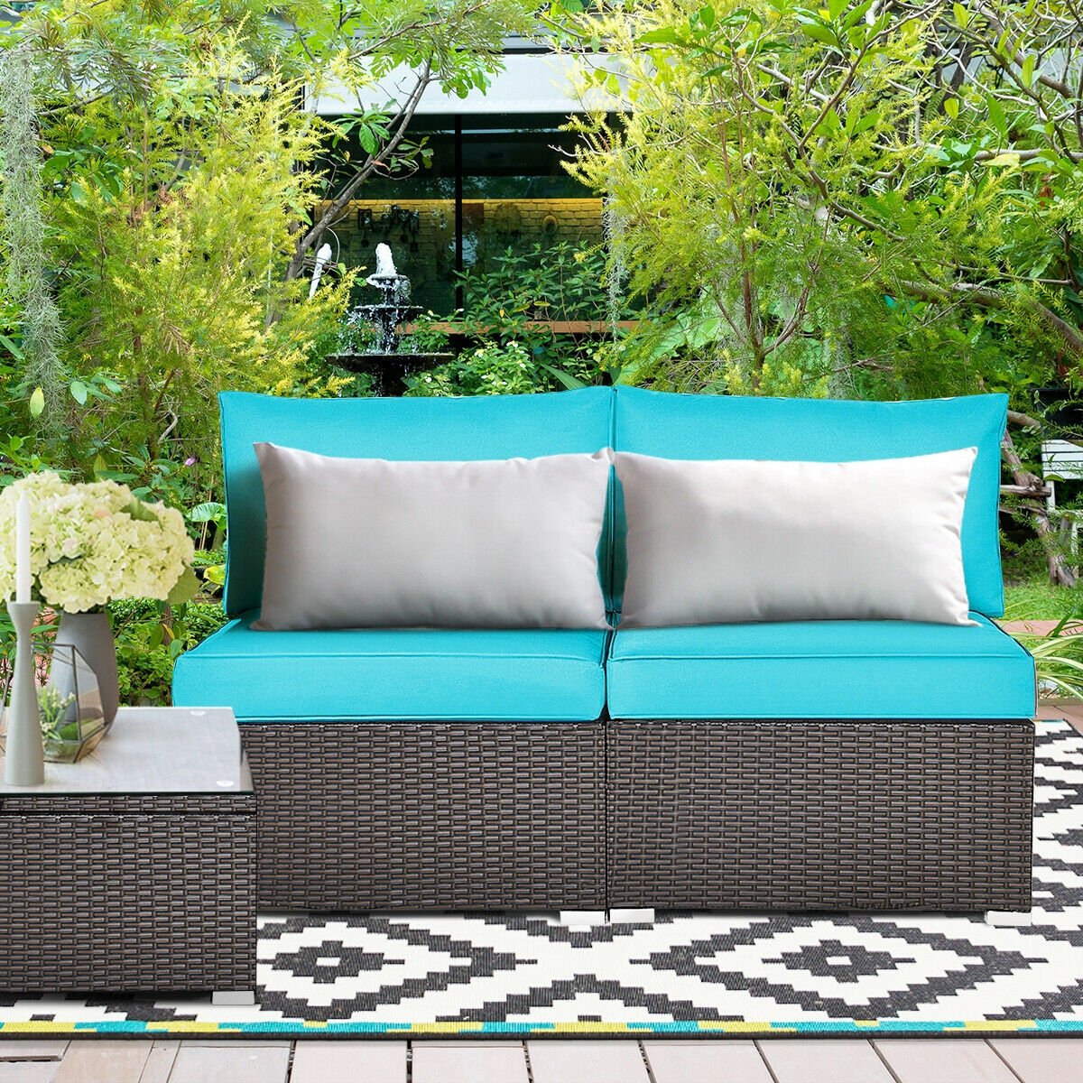 2 Pieces Patio Rattan Armless Sofa Set with 2 Cushions and 2 Pillows-Blue view 6