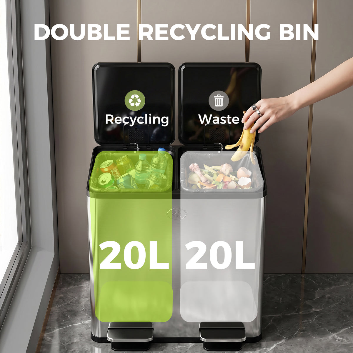 Garbage Bin, Soft-Close Trash Can with Foot Pedal, 2x5 Gal (2x20 L) Garbage Can with Removable Inner Buckets, Silver