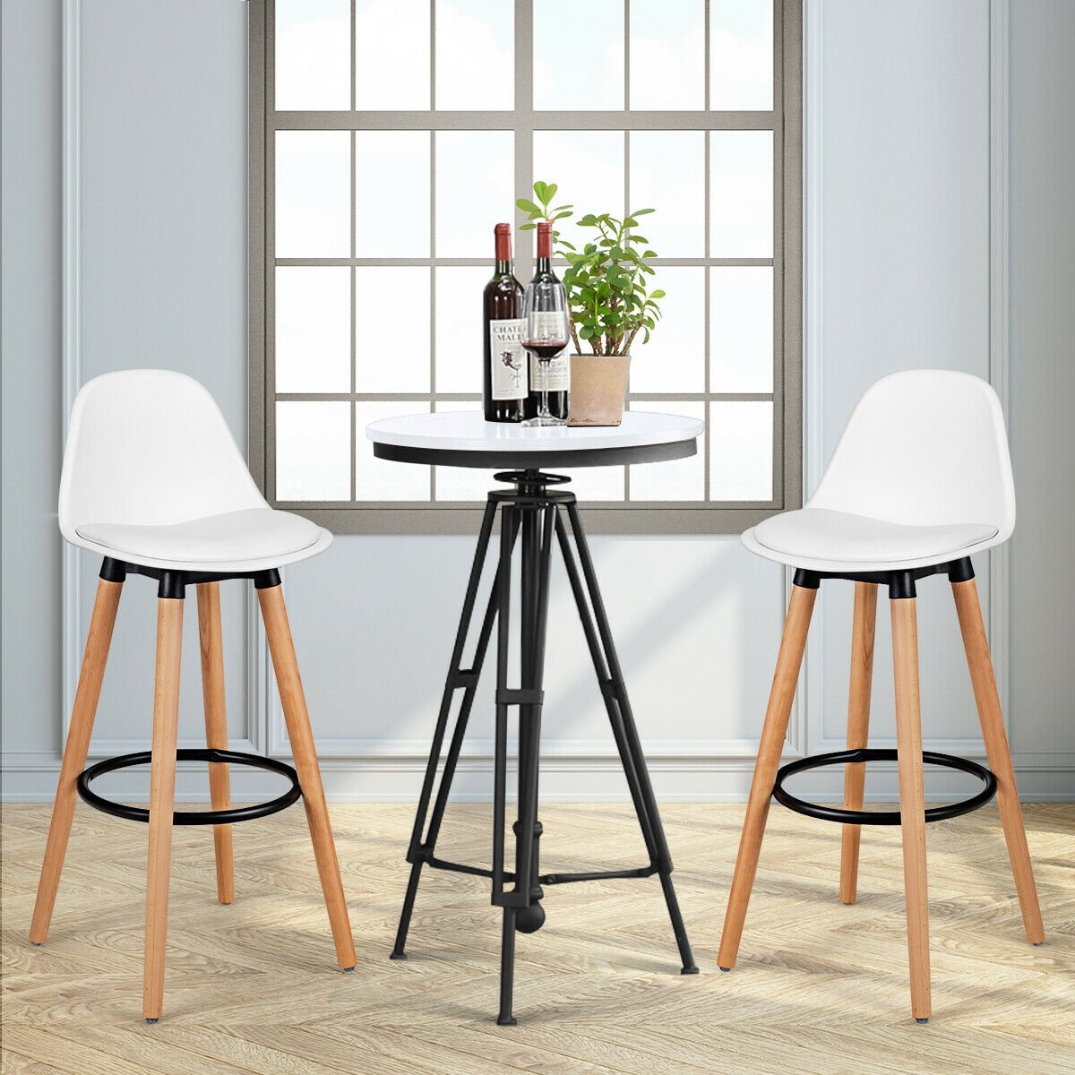 2 Pieces Mid Century Barstool 28.5 Inches Dining Pub Chair-White view 2