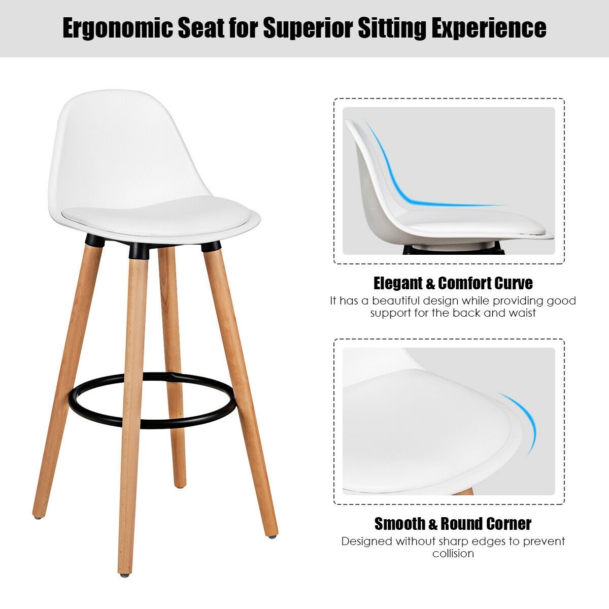 2 Pieces Mid Century Barstool 28.5 Inches Dining Pub Chair-White view 8
