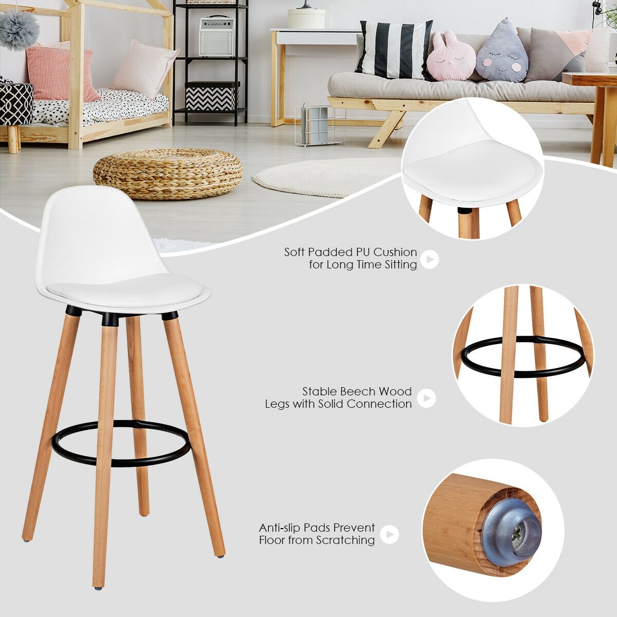 2 Pieces Mid Century Barstool 28.5 Inches Dining Pub Chair-White view 9